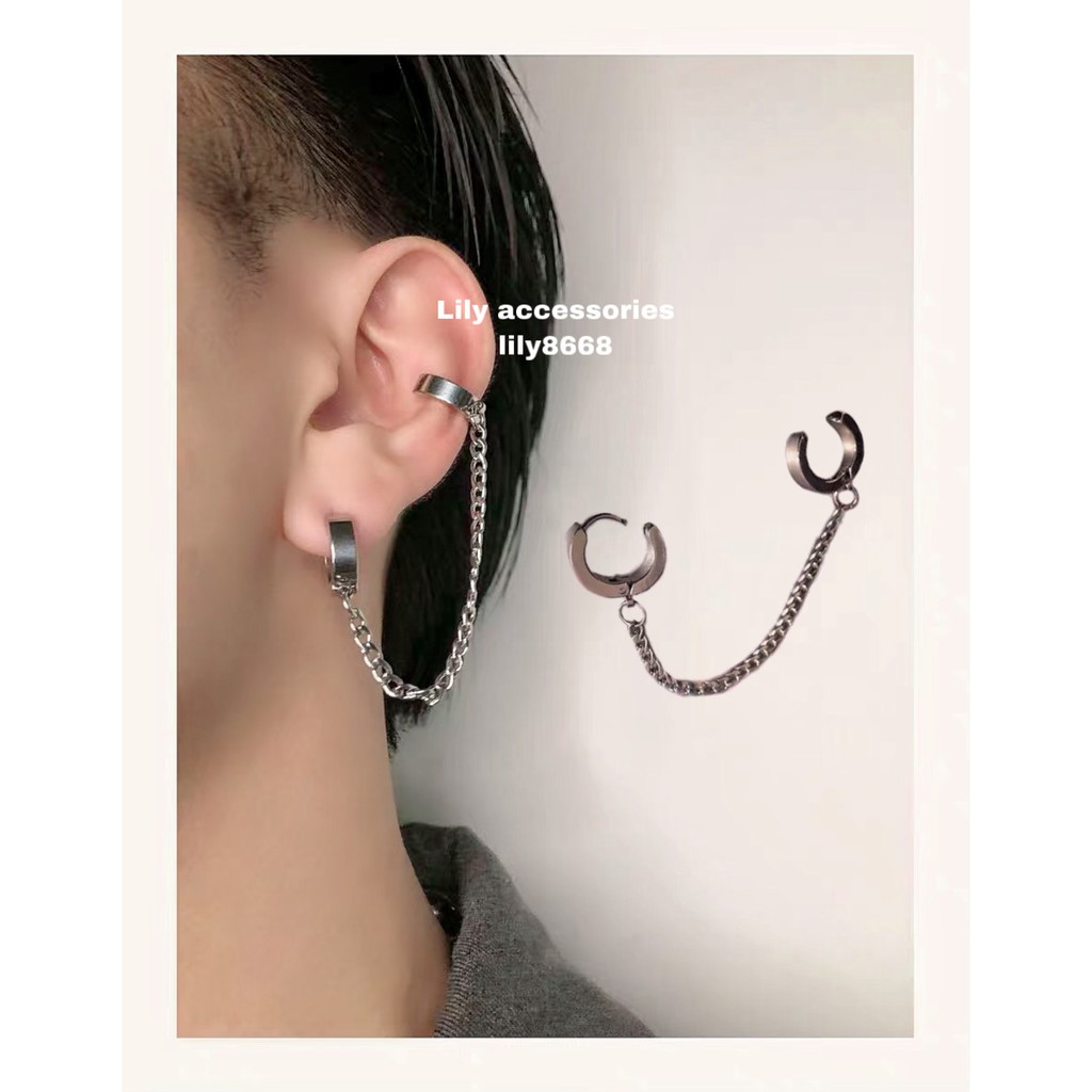 Chain Ear Cuff With Hoop Earring khuyên tai và kẹp vành tai titan dây xích nam nữ không gỉ không đen không dị ứng