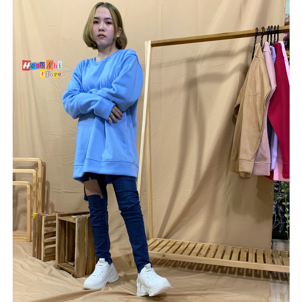 Áo Sweater Trơn Ulzzang Unisex Màu Xanh Chất Nỉ Bông Cao Cấp Dáng Rộng Nam Nữ - MM