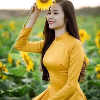 Bộ áo dài truyền thống Tây thi màu vàng đồng, áo dài cổ 2cm tay dài, áo dài lụa mềm co dãn