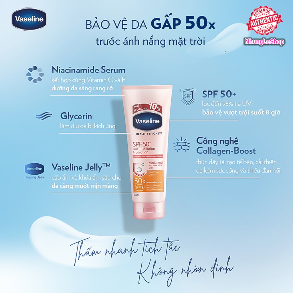 Chính Hãng Serum chống nắng Vaseline 50x bảo vệ da suốt 8H với SPF 50+ PA++++ da sáng rạng ngời với Niacinamode 320ml