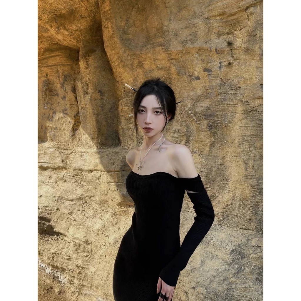 Đầm Body Sexy Trễ Vai Xẻ Tà Dáng Dài Màu Đen Phong Cách Hàn Quốc Váy Sang Chảnh Tiểu Thư