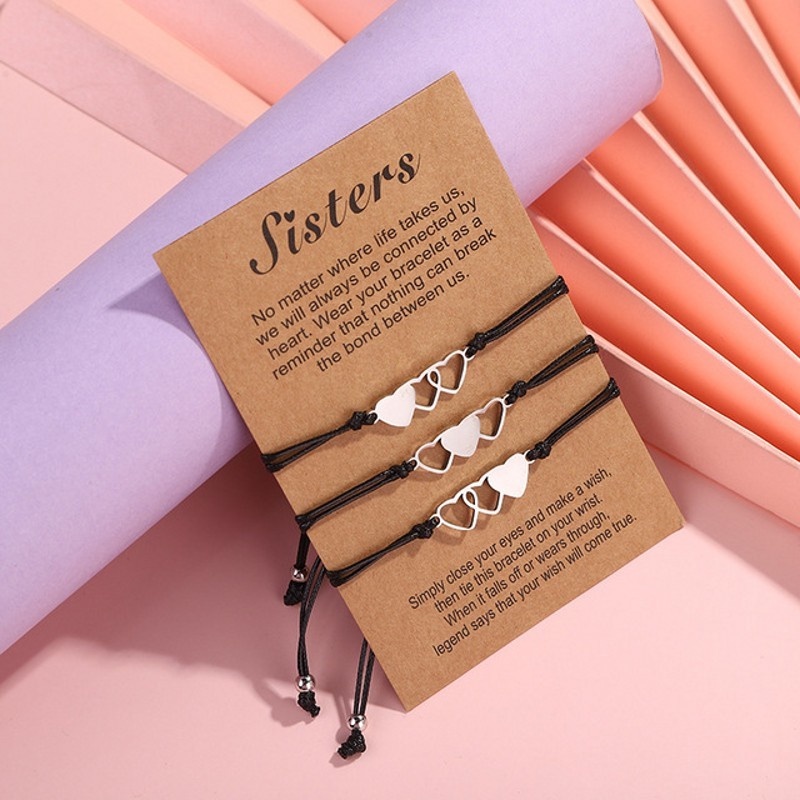 Bộ 3 Vòng Tay Dây Bện Gắn Hình Trái Tim Bằng Thép Không Gỉ Phong Cách Bohemian