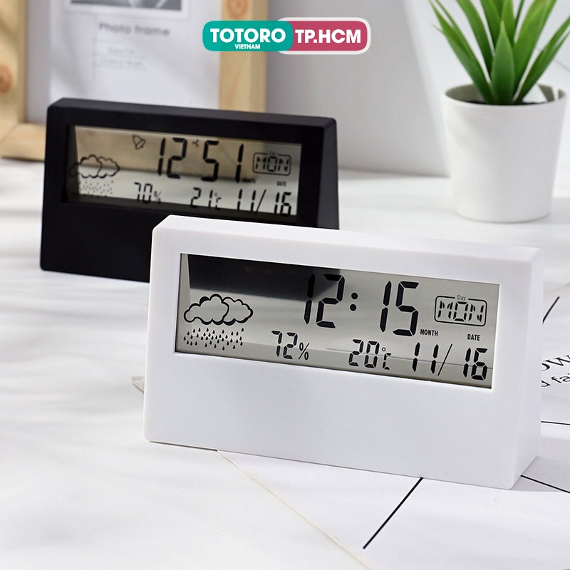 Đồng hồ để bàn báo thức màn hình LCD Xuyên Thấu Hiển thị Độ ẩm Nhiệt độ Thời tiết Thứ Ngày Tháng trang trí dễ thương