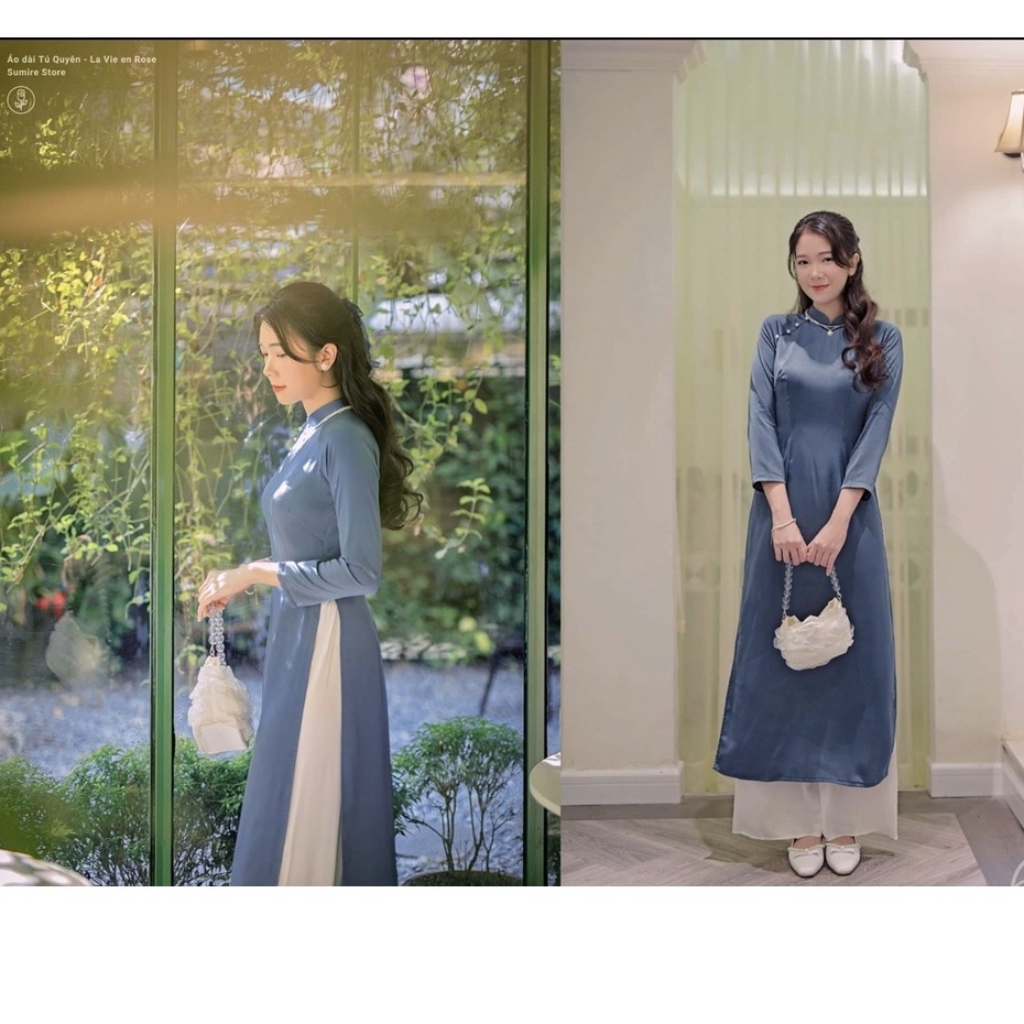 Áo Dài " Tú Thanh ",  Áo Dài Truyền Thống Chất Lụa Ngọc Trai  2 Tà  Đính Cúc Trai Cao Cấp
