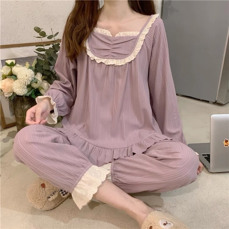 Đồ bộ ngủ nữ dài tay cute kèm bèo chất cotton quảng châu | BigBuy360 - bigbuy360.vn