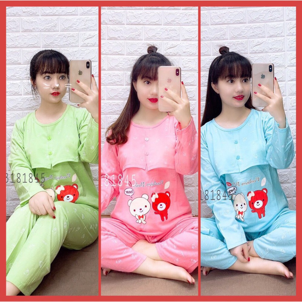 A1S [SIÊU RẺ] Bộ đồ bầu sau sinh mặc nhà con Gấu cotton dài tay, chất mát thoáng 4 Q517