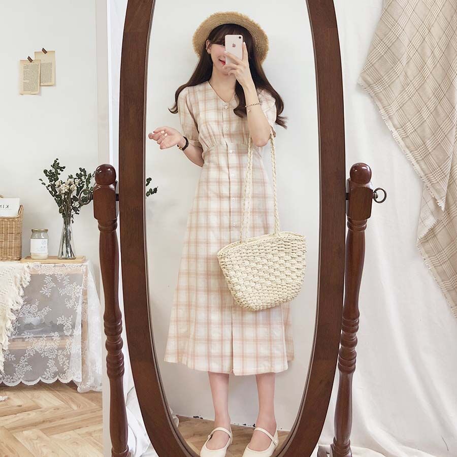 [ORDER] Váy đầm dáng dài xẻ tà kẻ sọc caro cổ v ulzzang Bigsize 4XL - kèm ảnh thật