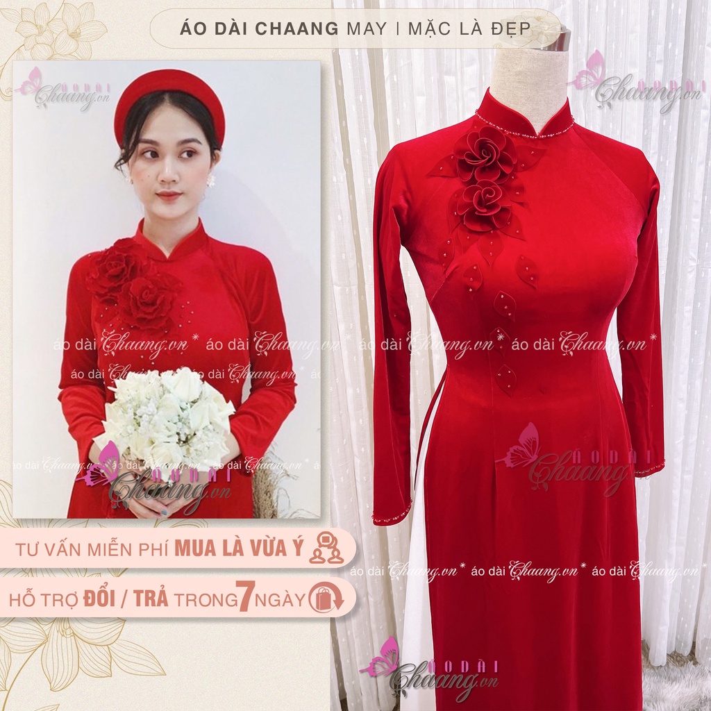 Áo dài nhung cô dâu truyền thống thiết kế áo cưới đẹp cài hoa đính đá cao cấp