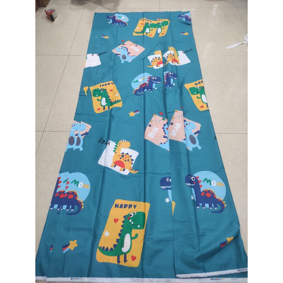 Vải may chăn ga áo gối,gối ôm khổ 2m35 hình chú khủng long dễ thương