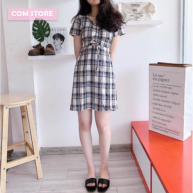 ĐẦM CARO NHÚN CỔ. HÌNH THẬT SHOP CHỤP