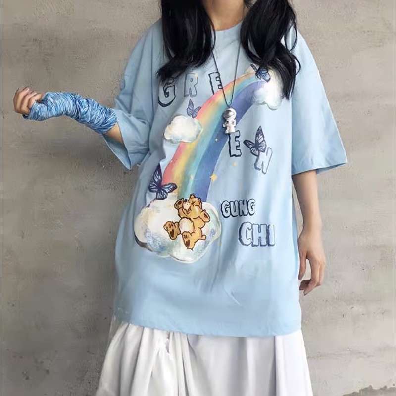 Áo phông tay lỡ form rộng, áo thun unisex nam nữ chất cotton rainbows bear