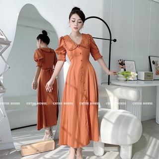 (Có Bigsize) - ĐẦM CỔ ĐẮP NÚT BỌC XẺ - MH09