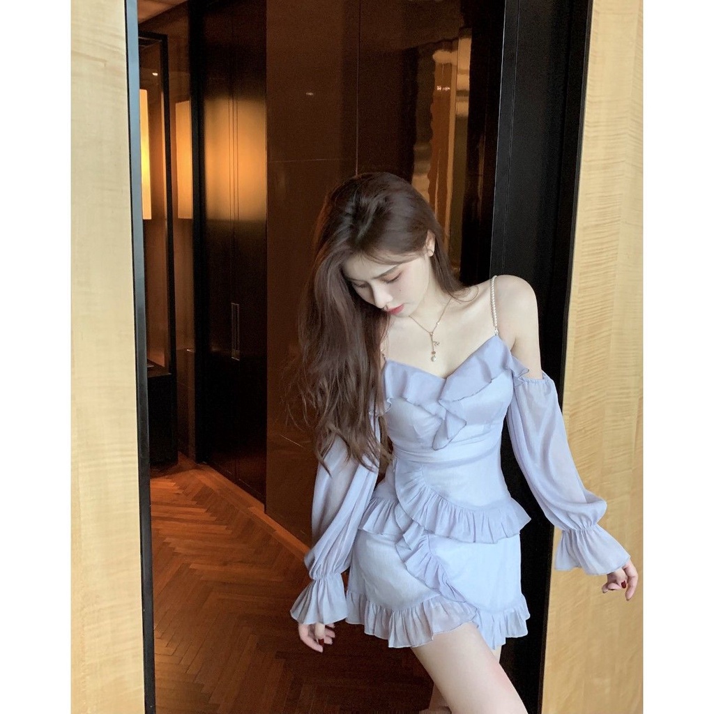 Đầm Hai Dây Nhún Bèo Dáng Ôm Thời Trang Mùa Xuân 2022 Dành Cho Nữ