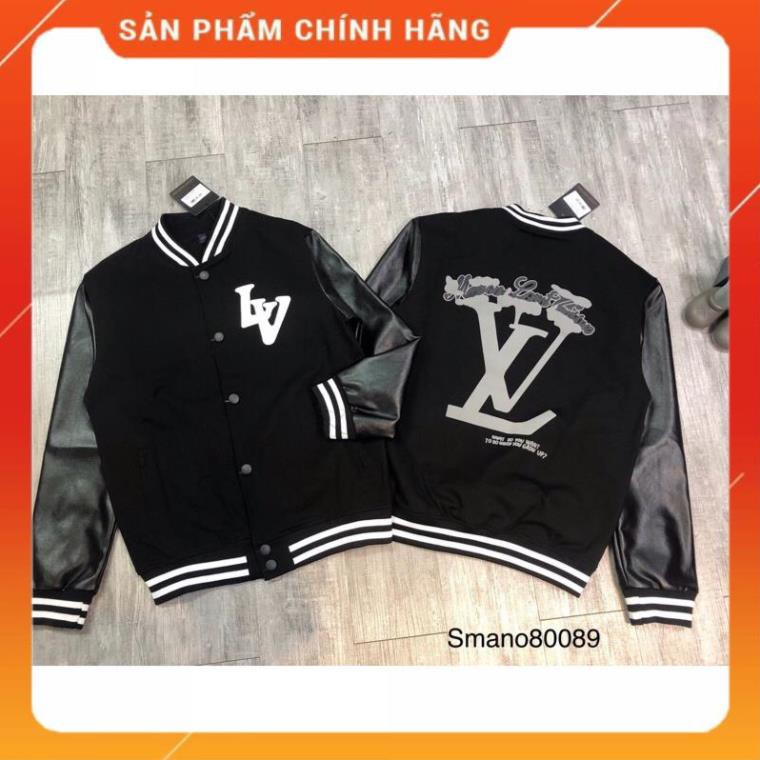 Áo khoác bomber nỉ tay da LV viền logo da ảnh thật, chất đẹp, mặc nam nữ đơn đôi nhóm