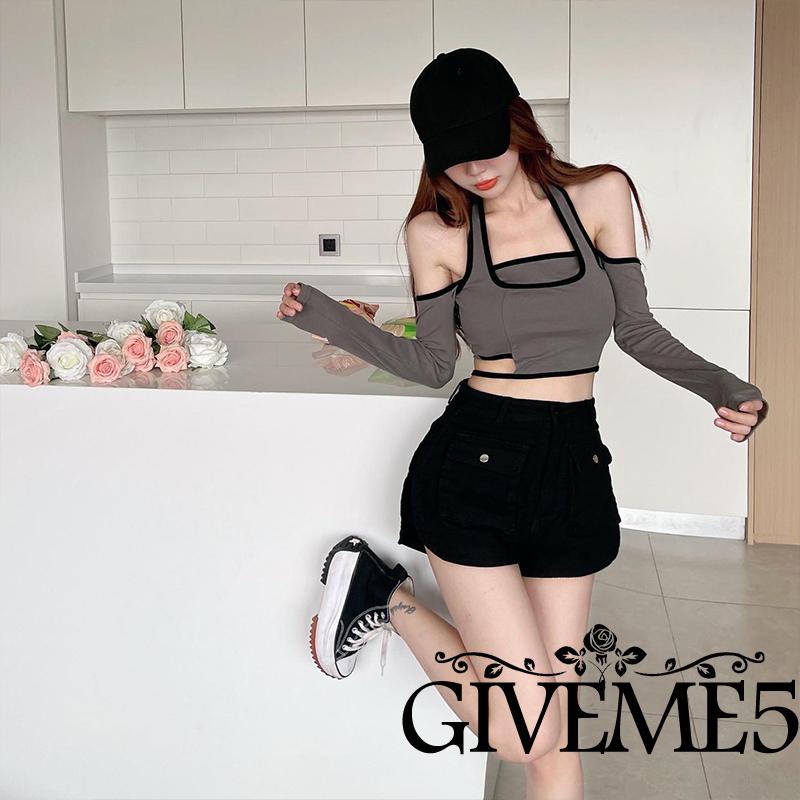 Áo croptop tay dài trễ vai màu xám/đen thời trang xuân hè cho nữ