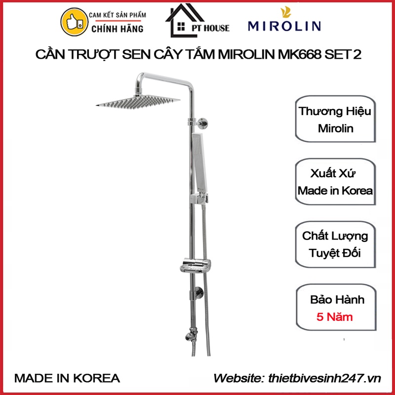 Cần trượt sen cây tắm nóng lạnh MIROLIN MK 668 Set 2 bát sen trần Inox 25x25cm nhập khẩu từ HÀN QUỐC, Cần trượt sen tắm