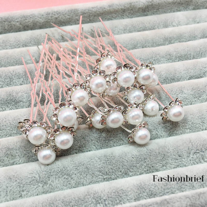 Set 10 trâm cài tóc hình chữ U đính hạt trân châu thanh lịch dùng trang điểm cho cô dâu