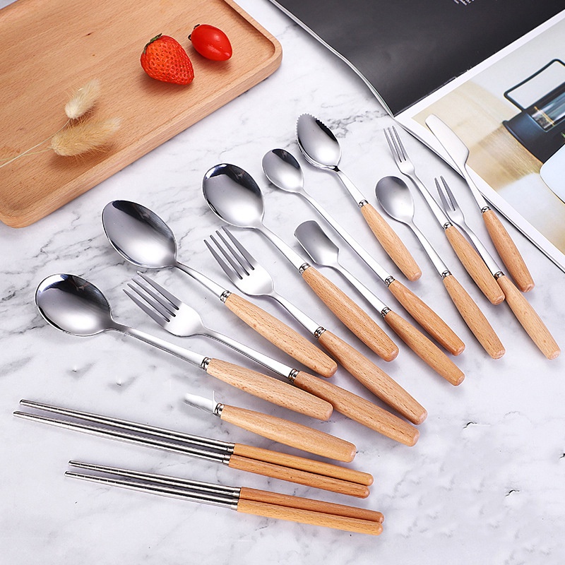 Đũa ，nĩa， muỗng hàn quốc, thìa cà phê ， Cán Gỗ Inox 304 Cao Cấp và hộp đựng lúa mạch