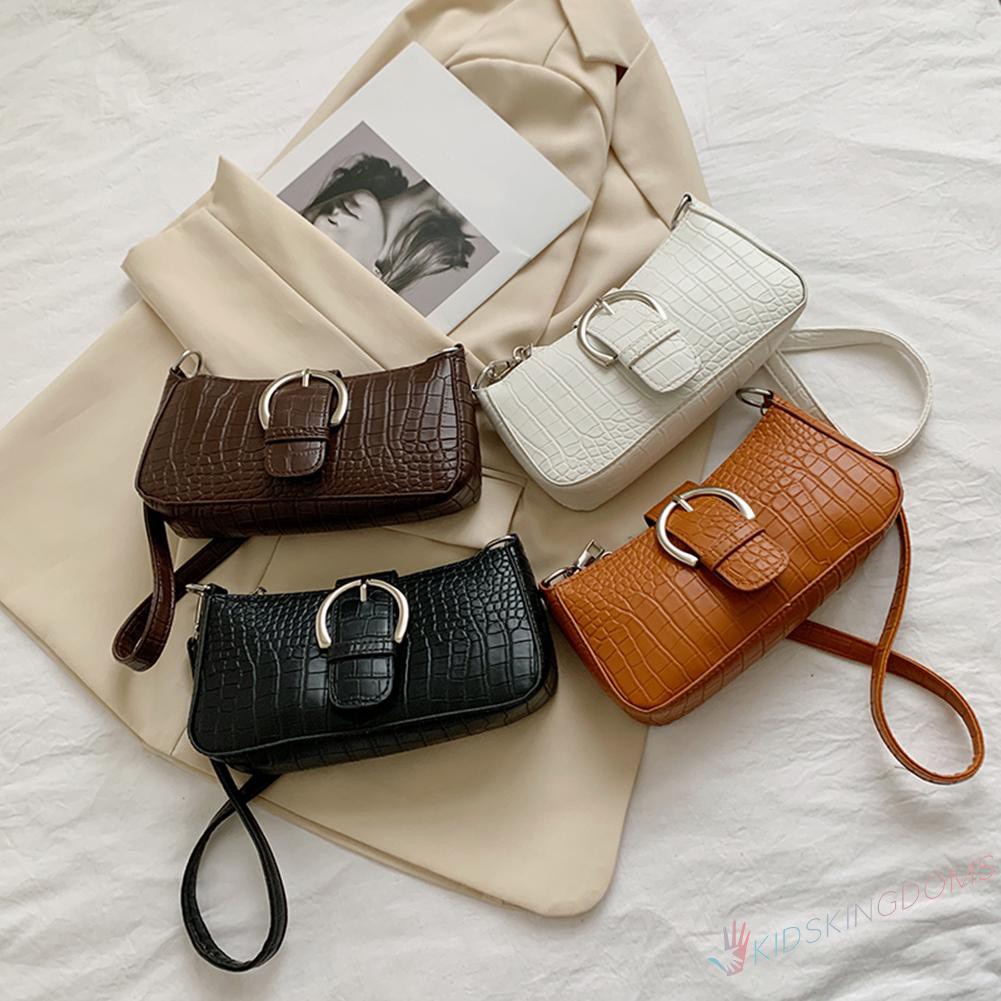 【Big Sale】Vintage Women Alligator Pattern Pure Color PU Shoulder Underarm Bag Handbag