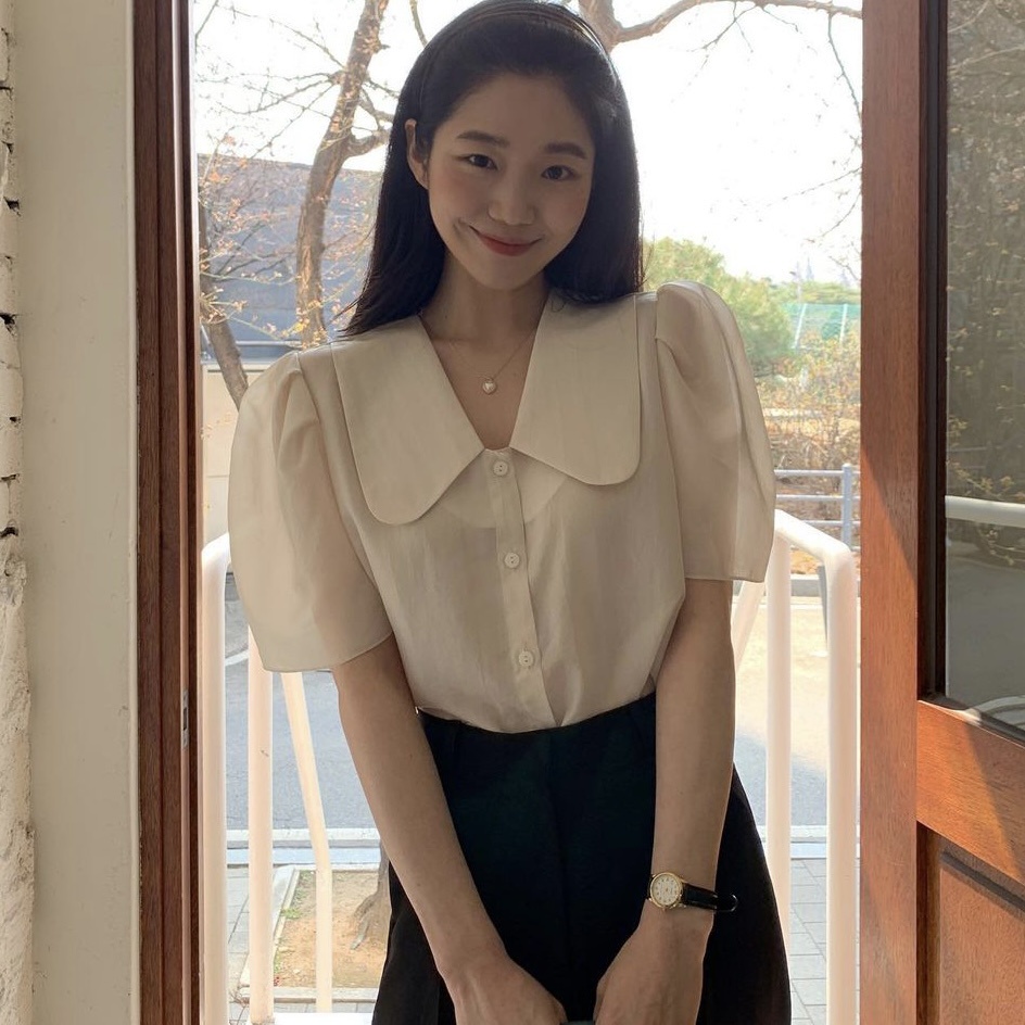 Áo Sơ Mi Tay Phồng Cổ Búp Bê Màu Trơn Dáng Rộng Dễ Phối Đồ Thời Trang Mùa Hè Cho Nữ