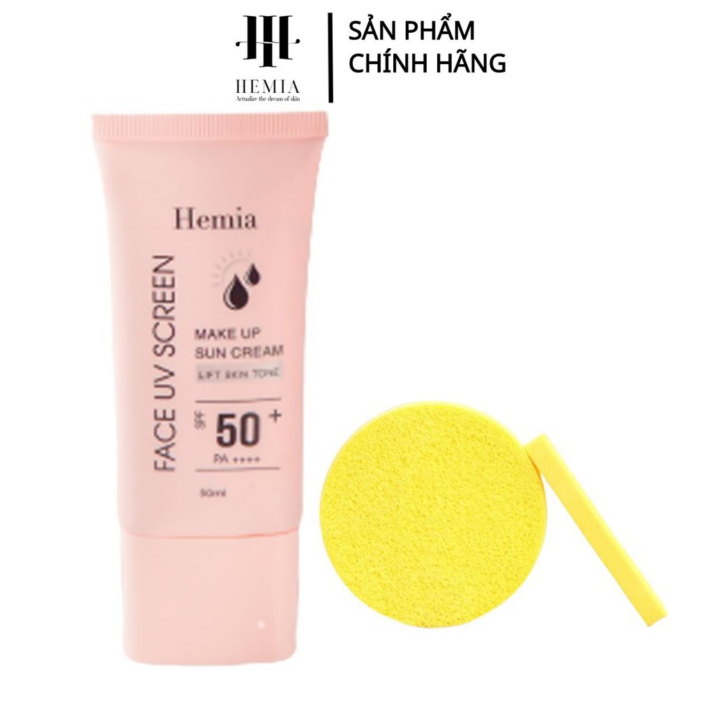 Combo kem chống nắng 50ml SPF50+ PA++++ và bông nở rửa mặt 12 miếng Hemia thân thiện làn da