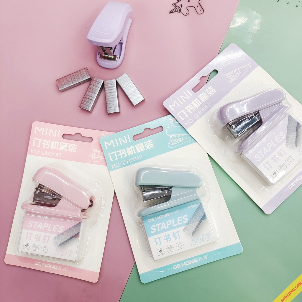 Bấm ghim mini Pastel K72 kèm hộp 400 đạn ghim sẵn SOKLONG, dập kim giấy kẹp ghim tiện lợi
