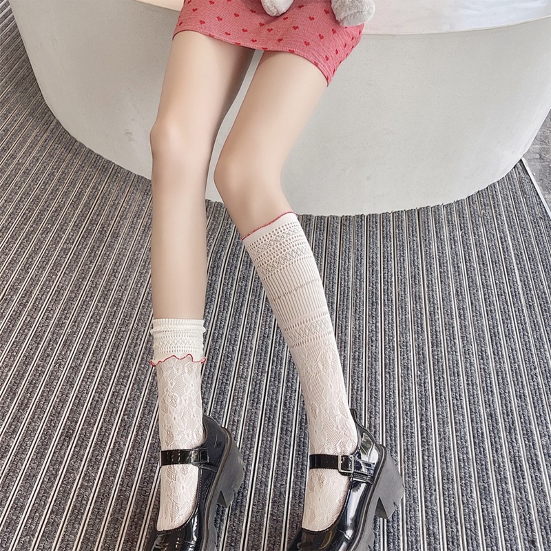 Xiangbao Vớ Cao Tới Bắp Chân Phối Ren Hoa Rỗng Viền Diềm Xếp Nếp Màu Sắc Tương Phản Cổ Điển Ngọt Ngào