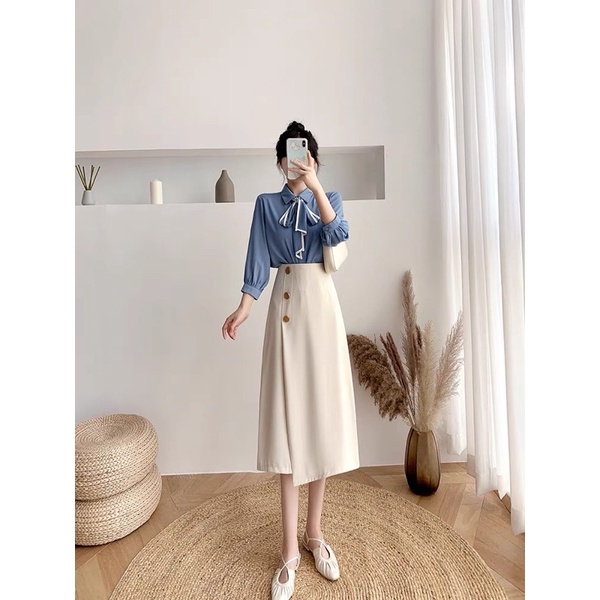 Chân Váy Chữ A Công Sở Dáng Dài Kèm Vạt Phối Cúc Thời Trang, Chân Váy phong cách Hàn Quốc