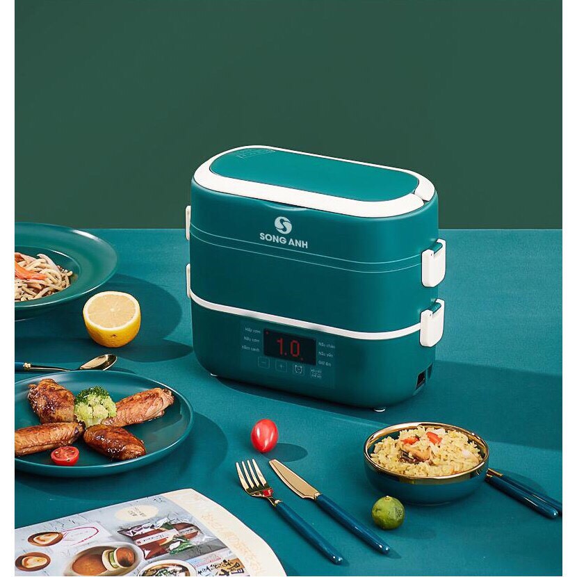 [BÁT SỨ] Hộp cơm hâm nóng thức ăn cắm điện inox 2 tầng Song Anh, Hộp cơm giữ nhiệt thức ăn inox cao cấp