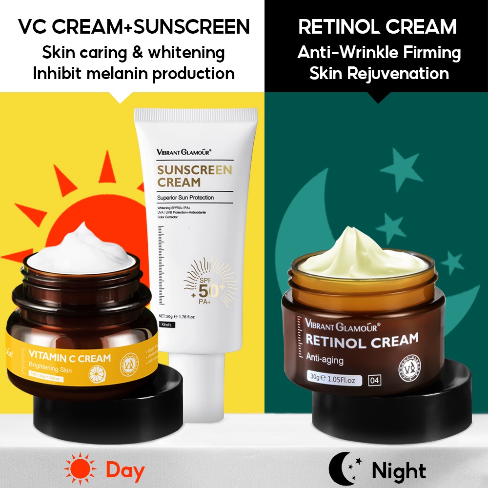 Set 3 mỹ phẩm dưỡng da VIBRANT GLAMOUR kem chống nắng kem retinol kem vitamin C giảm tàn nhang chống lão hóa