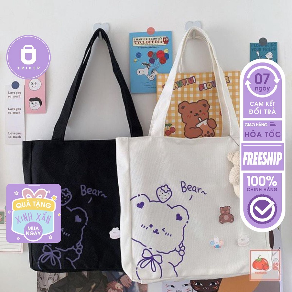 Túi tote vải canvas ulzzang unisex in hình gấu Bear dễ thương, phong cách hàn quốc