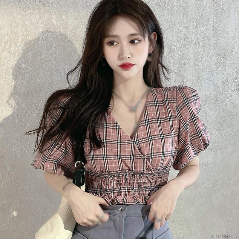 Áo croptop tay phồng cổ chữ V in caro thời trang cho nữ