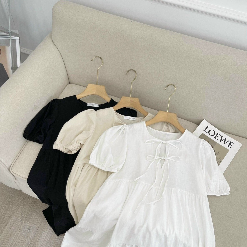 Váy babydoll nơ ngực Tira House đầm tiểu thư chất đũi tơ thoáng mát TRH