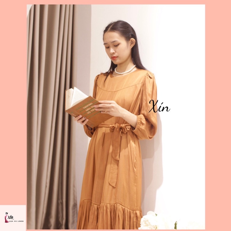 Đầm tay dài - dáng suông, cổ tròn vải lụa chuẩn form
