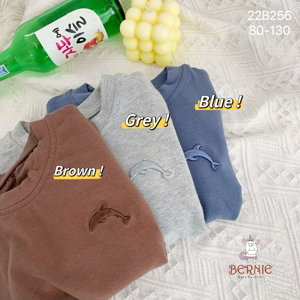 Bộ cotton unisex dài tay cho bé, bộ thun tay dài trơn thêu hoạ tiết cá màu Bernie