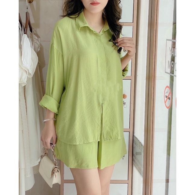SET ĐỒ CASIE SET gồm áo sơmi tay dài và quần quần lưng cao chất liệu tằm xước lạnh có 2 lớp lót