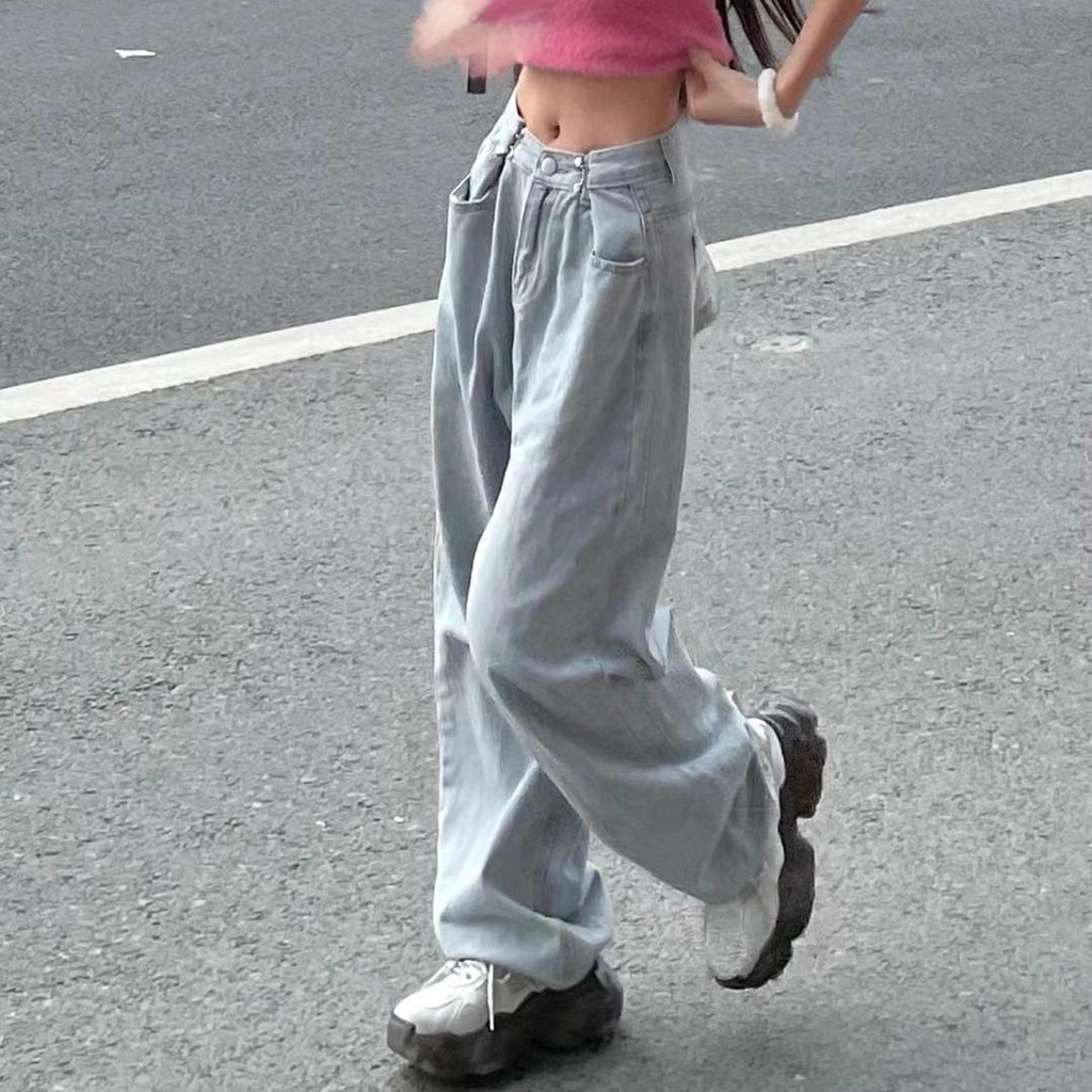 Quần Jeans Dài Lưng Cao Ống Rộng Phong Cách Retro Cho Nữ