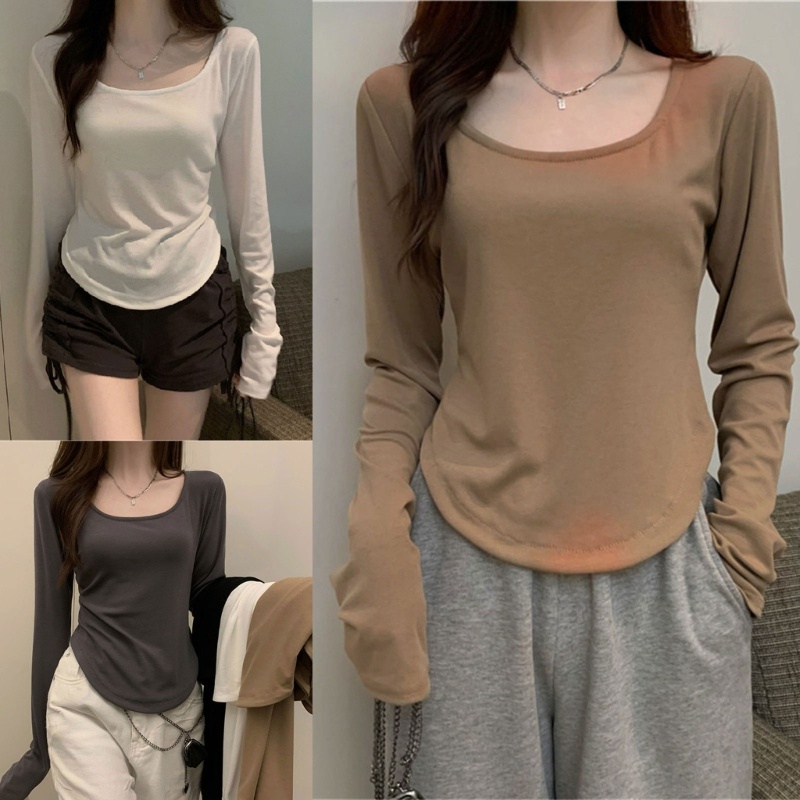 Áo Thun Tay Dài Cổ Tròn Màu Sắc Đơn Giản Cho Nữ