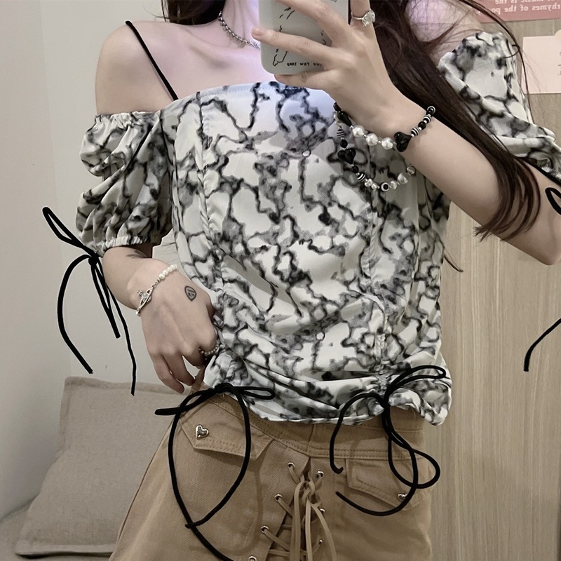 SUXI Áo Sơ Mi Tay Ngắn Trễ Vai Hoạ Tiết In Thời Trang Mùa Hè Cho Phái Nữ