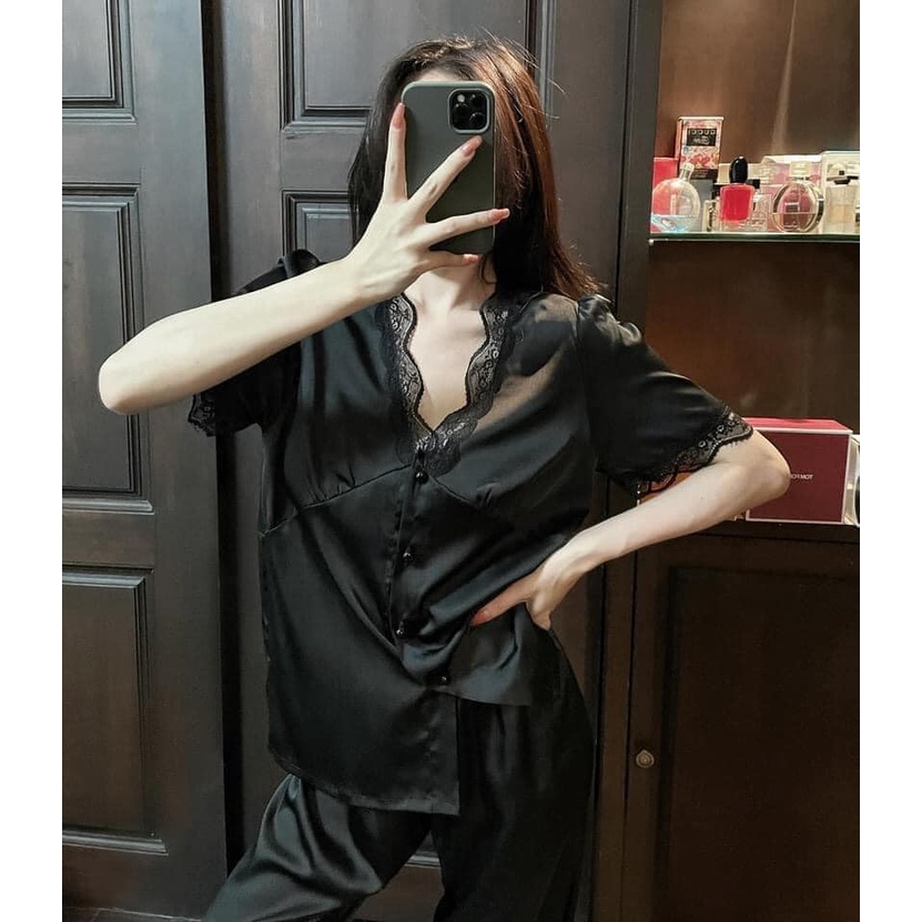 Bộ ngủ lụa pha ren cộc tay quần dài siêu đẹp