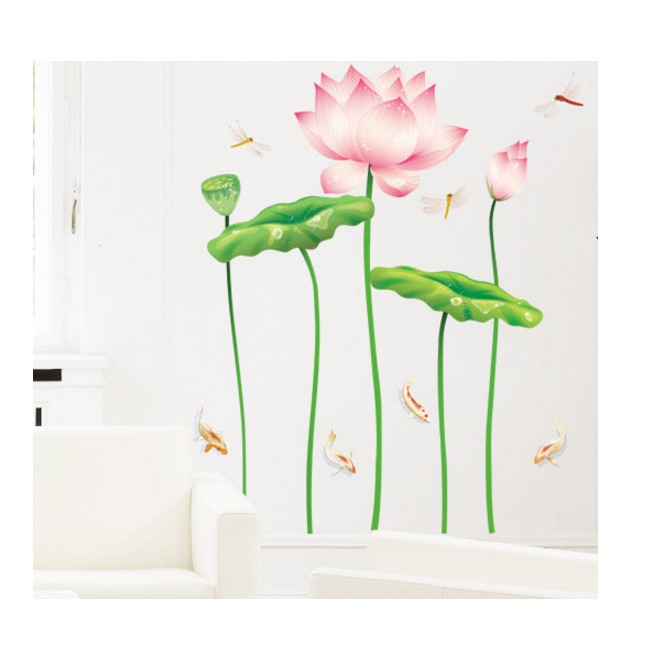 Decal trang trí hoa sen và cá