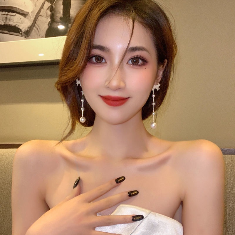 Bông Tai Dáng Dài Đính Nơ Phối Tua Rua Ngọc Trai Thời Trang Sang Trọng Cho Nữ