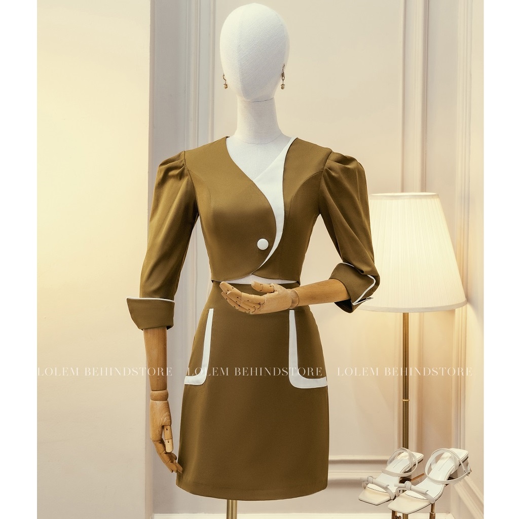 Set đồ nữ cá tính LOLEM Behind Store, Chân váy công sở đẹp dáng ôm kèm Áo cổ tim tay lỡ phối màu năng động - Sv195