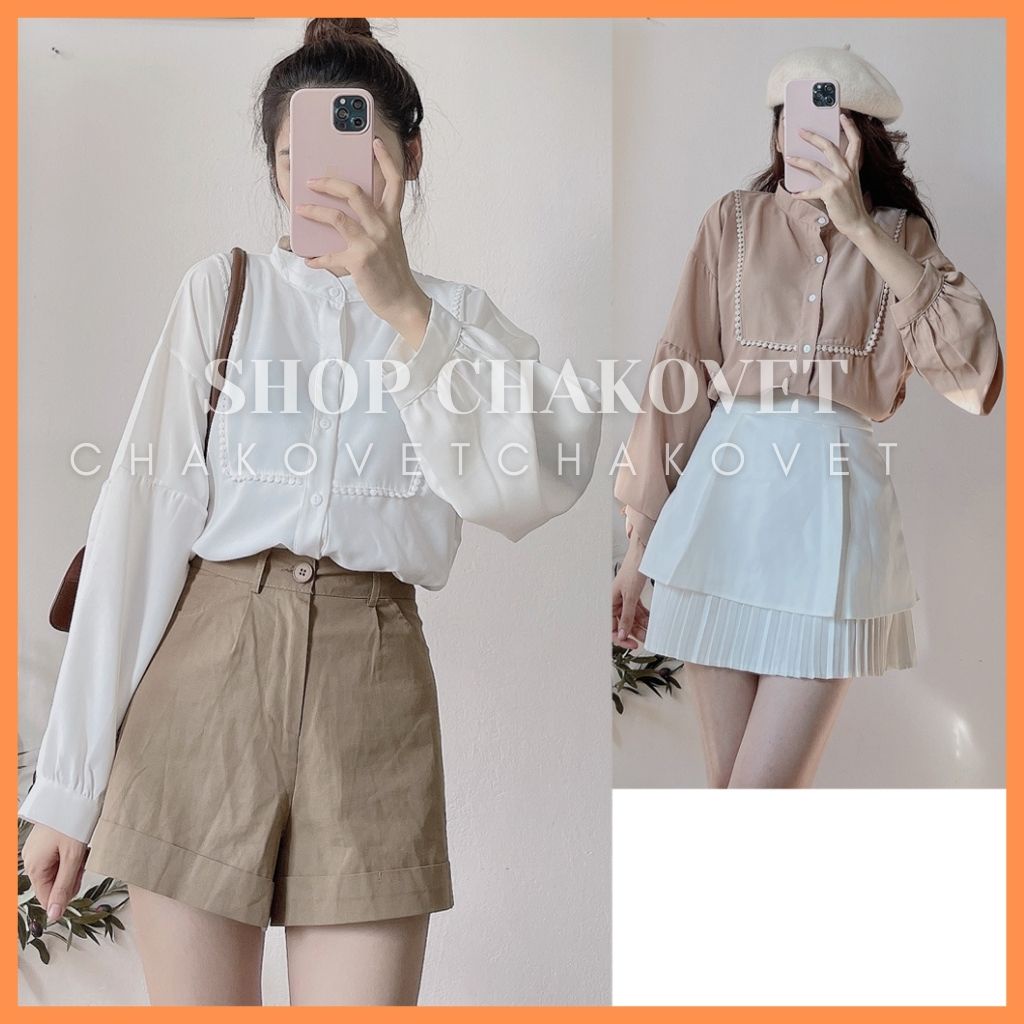 Sơ mi nữ tay bồng CKA882, áo nữ kiểu cổ tàu thiết kế tay dài họa tiết ren ngực dáng basic chất mềm mát đẹp không nhăn