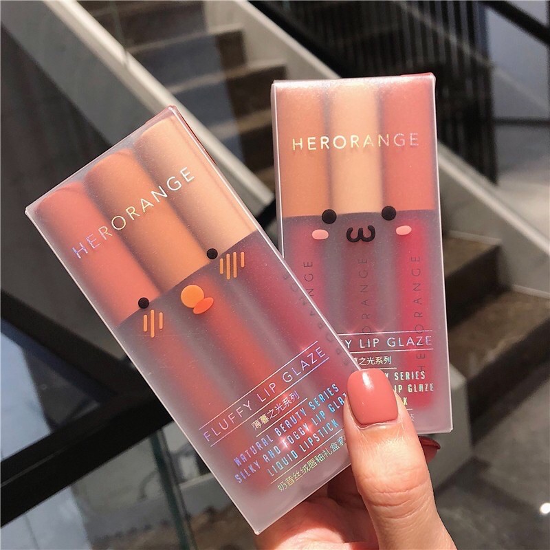 Set 3 cây son lì HERORANGE FLUFFY LIP GLAZE chống trôi nội địa trung