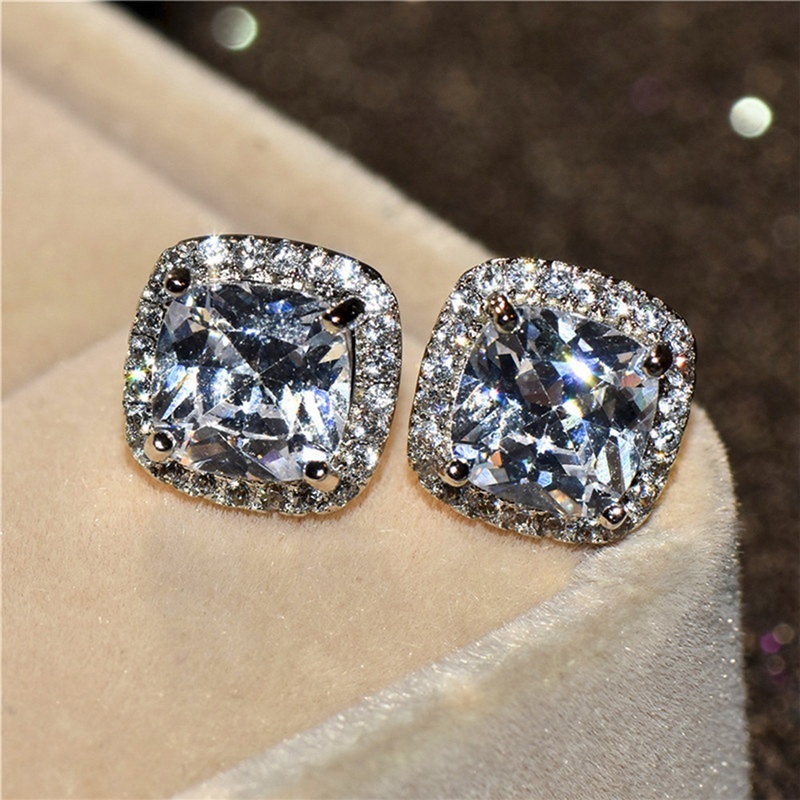 Đôi bông tai mạ bạc đính kim cương trắng hình vuông thời trang