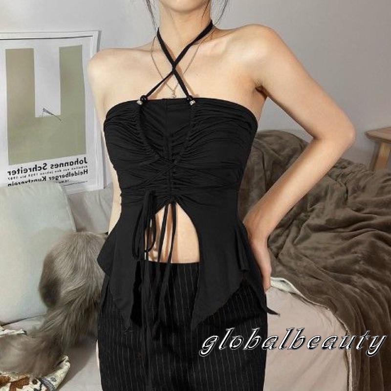 Áo Croptop Màu Trơn Dây Rút Cổ Yếm Kiểu Bất Đối Xứng Thời Trang Cho Nữ