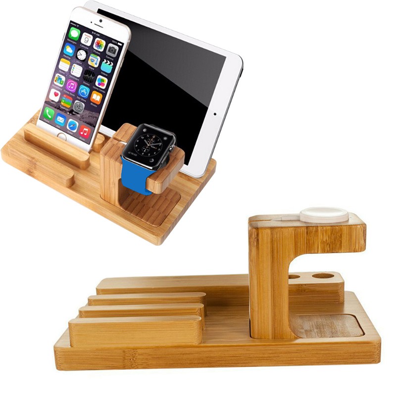 Giá Đỡ Điện Thoại Máy Tính Bảng Apple Watch Pad iPhone Để Bàn Bằng Gỗ Tre 3 Trong 1