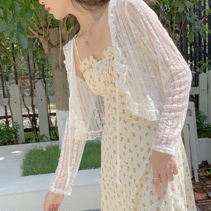 Áo Khoác Cardigan Ren Lưới Tay Dài Thắt Nút Trước Họa Tiết Kẻ Sọc Thời Trang Mùa Hè Cho Nữ