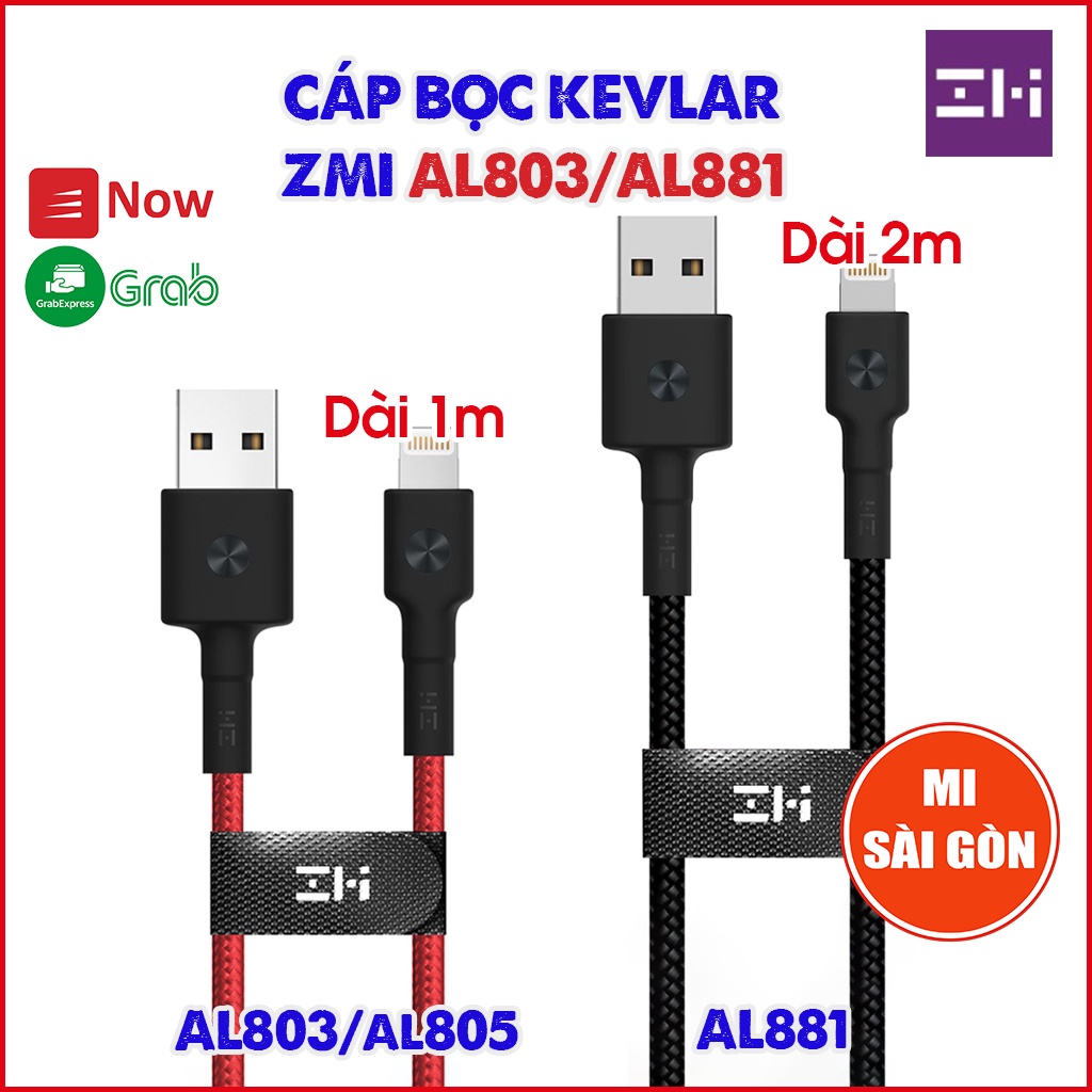 [Hỏa Tốc HCM] Cáp lightning ZMI AL881/AL833 dài 2m &amp; ZMI AL803 / AL805 dài 1m Chuẩn MFI dây bọc sợi KEVLAR)